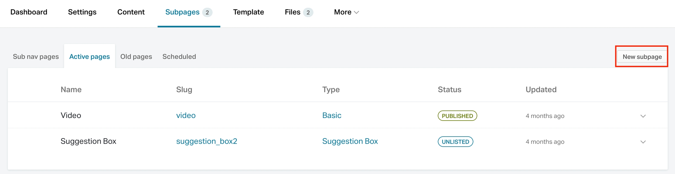 Where to find the new subpage button
