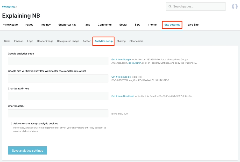 Where to find the analytics setup tab