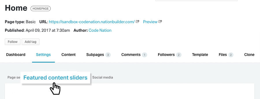 Navigating to the featured content slider of a page