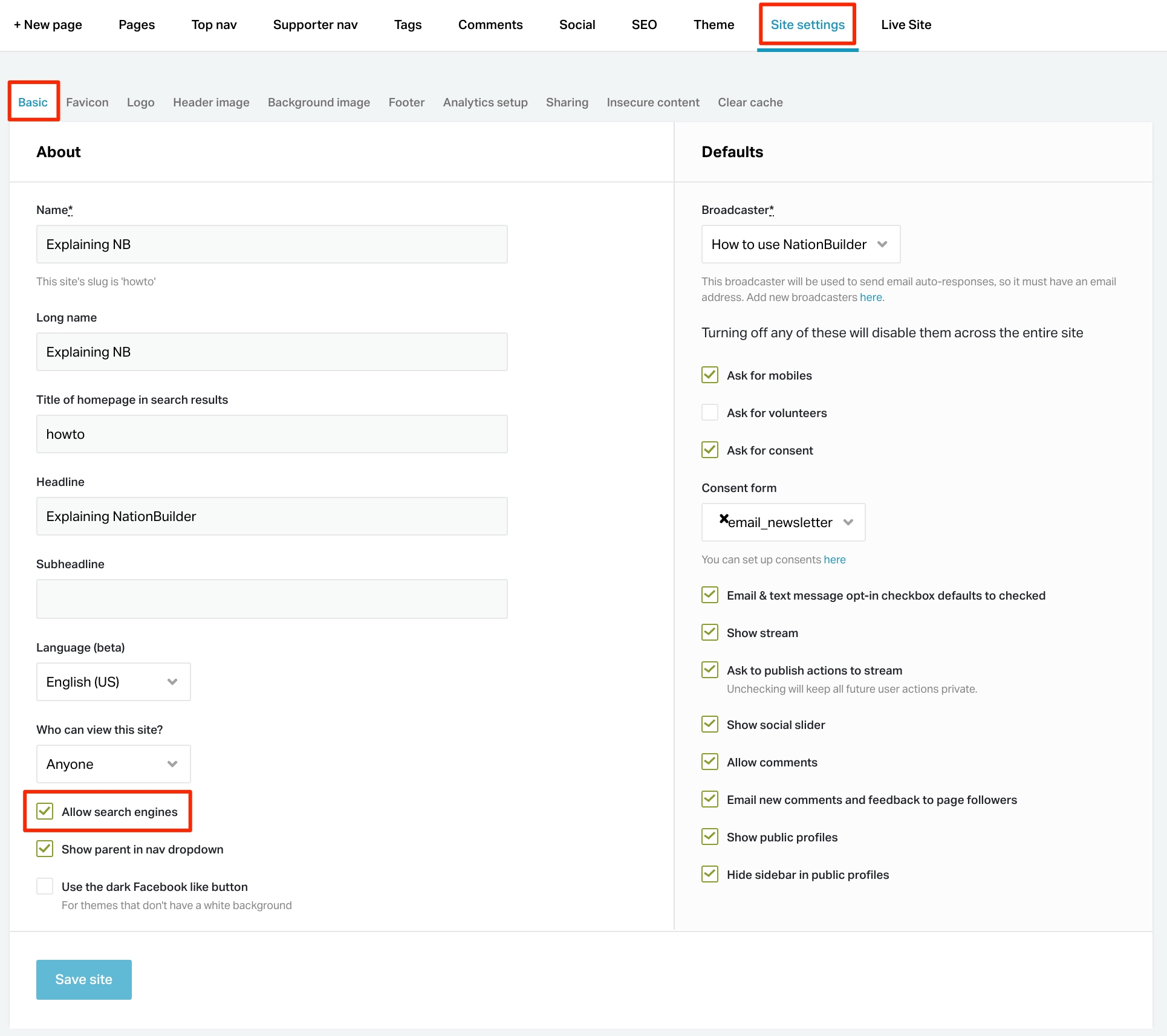 Allow search engines checkbox